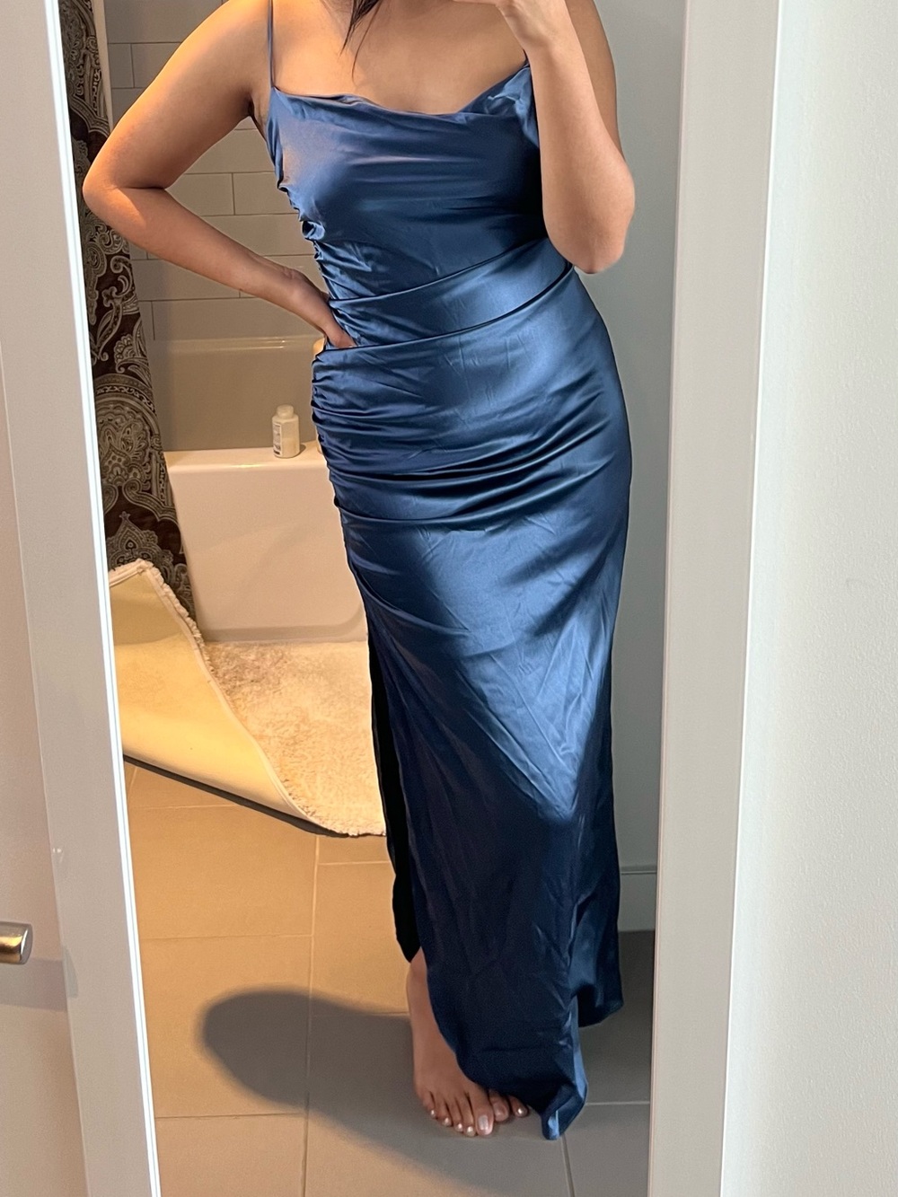 David Meister Powder Blue Satin Cowl-Neck Maxi Dress
